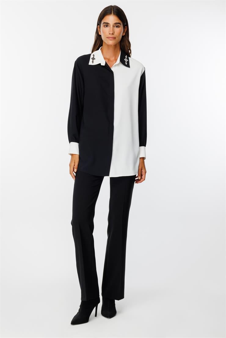 Modailgi  Siyah/Ekru Kombinli Yakası Taş İşlemeli Gömlek Siyah/Ekru