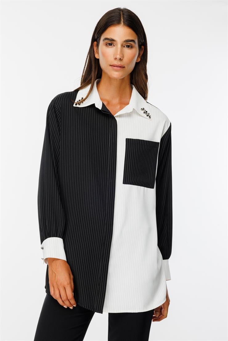 Modailgi  Siyah/Ekru Kombinli Yakası Taşlı Çizgili Gömlek Siyah/Ekru