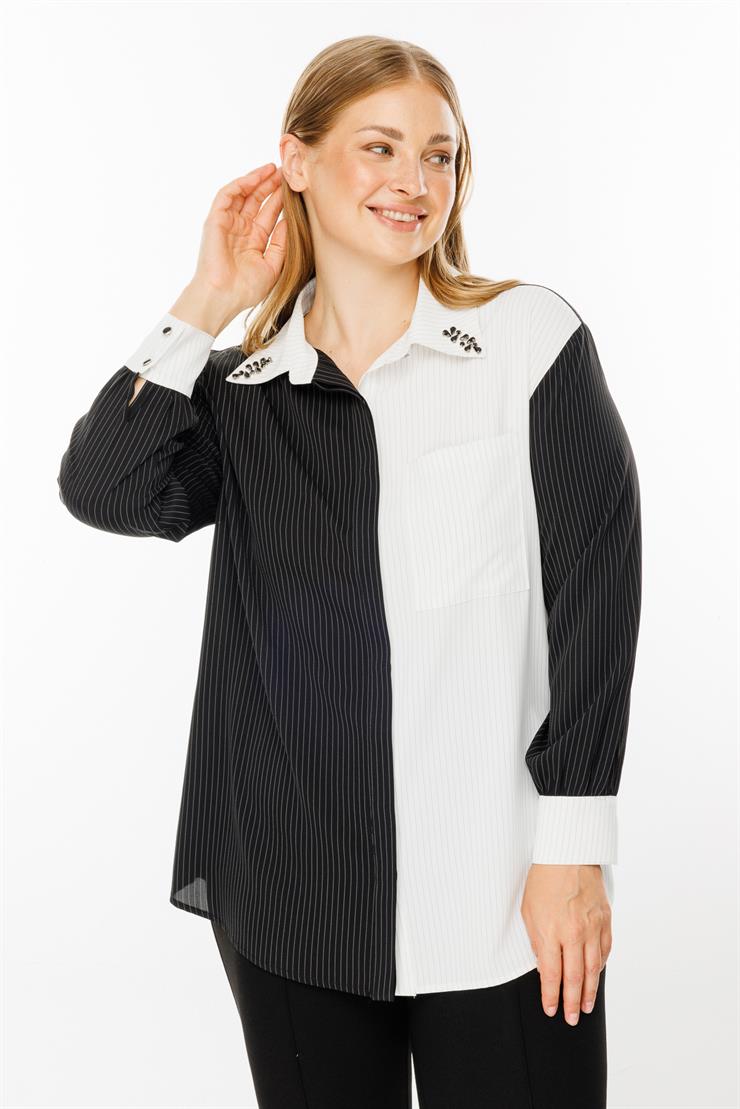 Modailgi  Siyah/Ekru Kombinli Yakası Taşlı Çizgili Gömlek Siyah/Ekru