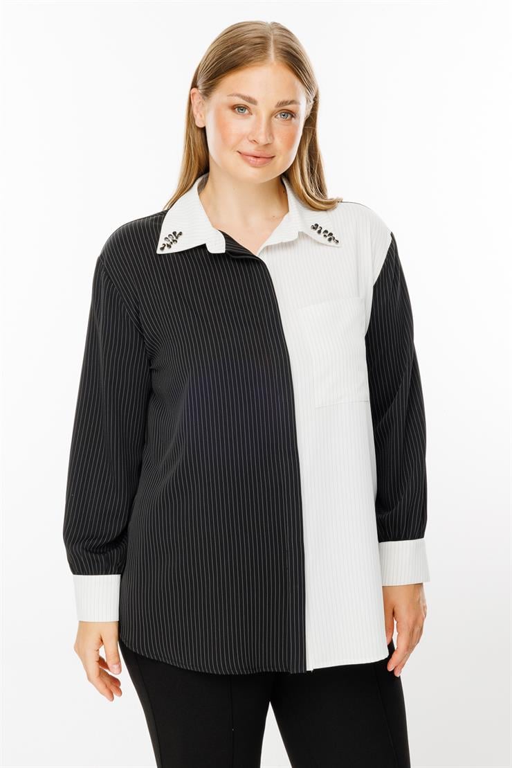 Modailgi  Siyah/Ekru Kombinli Yakası Taşlı Çizgili Gömlek Siyah/Ekru