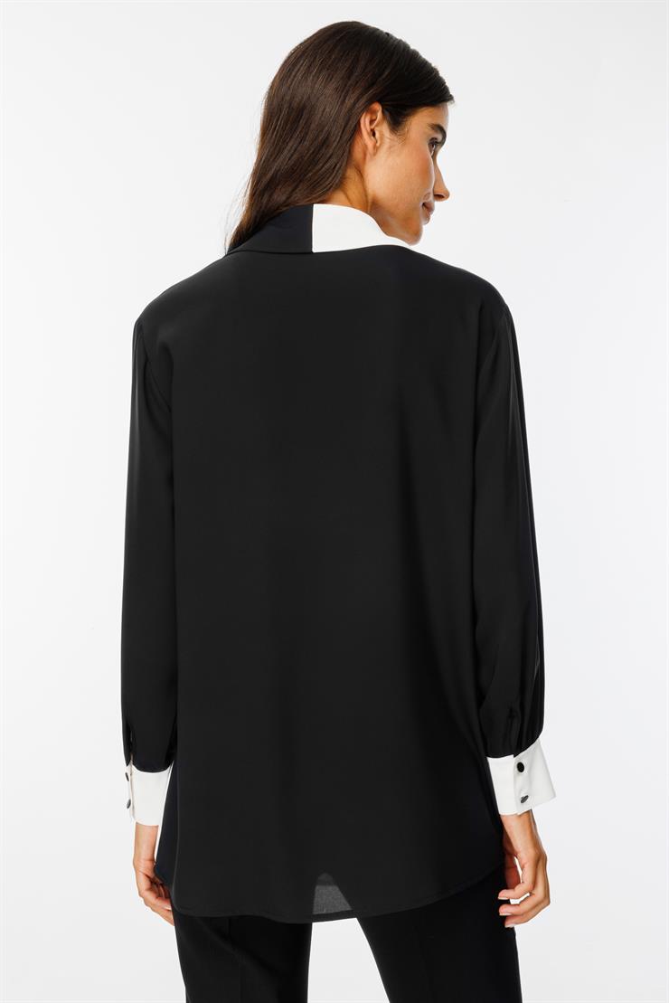 Modailgi  Siyah/Ekru Kombinli Yakası Taş İşlemeli Gömlek Siyah/Ekru