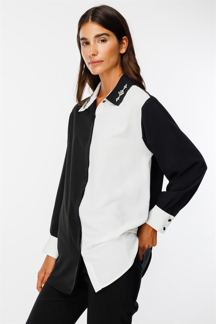 Modailgi  Siyah/Ekru Kombinli Yakası Taş İşlemeli Gömlek Siyah/Ekru
