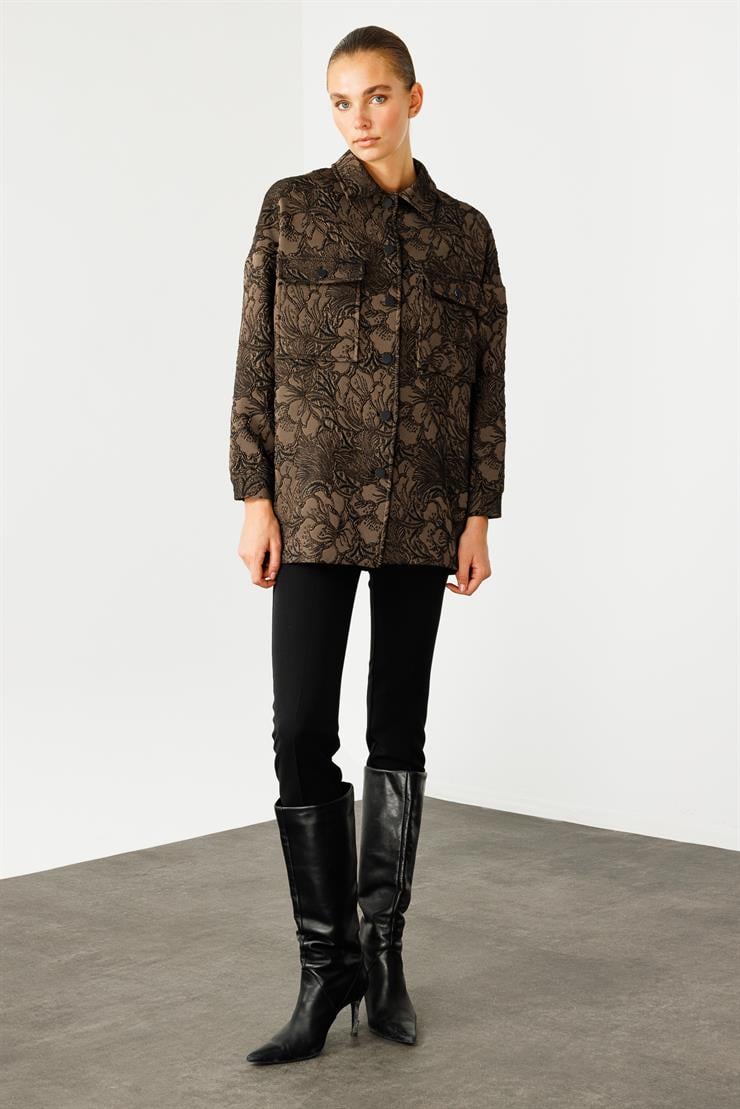 Modailgi  Şömiziye Yaka Oversize Jakarlı Mont Kahve