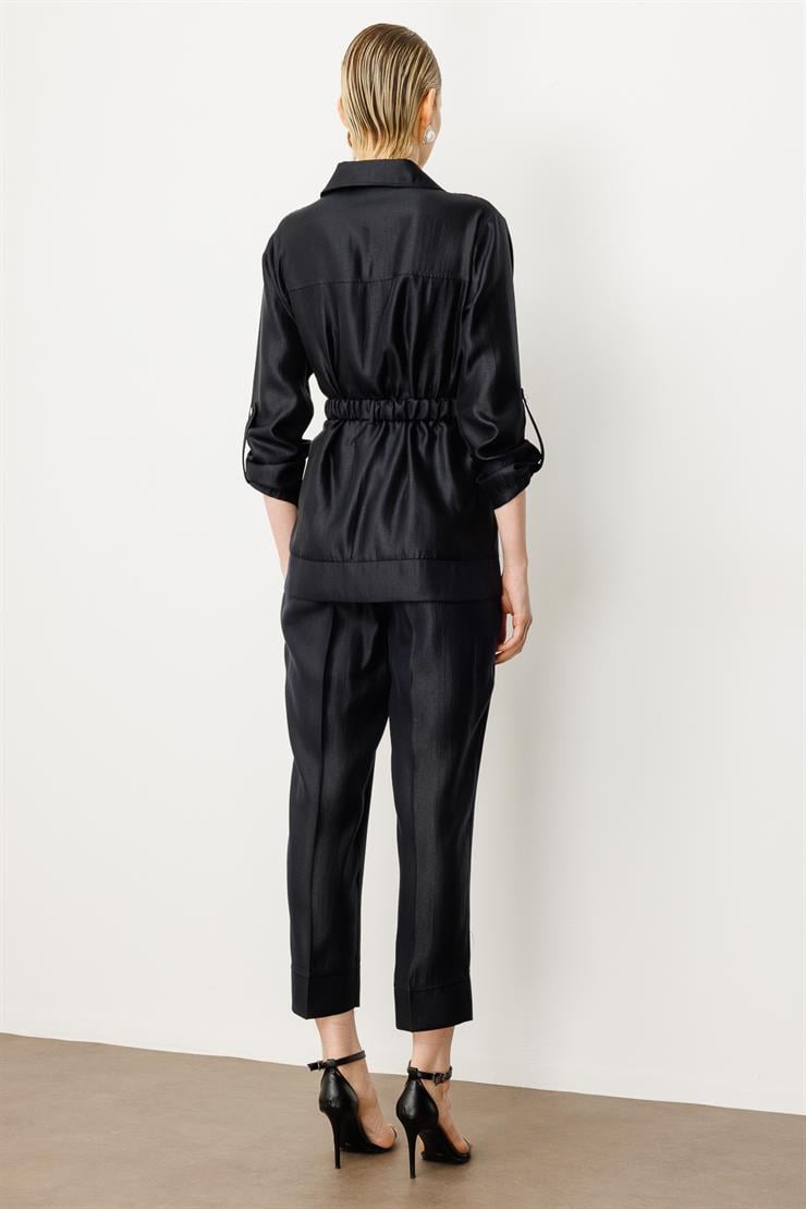 Modailgi  Şömziye Yaka Lastikli Kuşak Detaylı İşlemeli Tunik Siyah