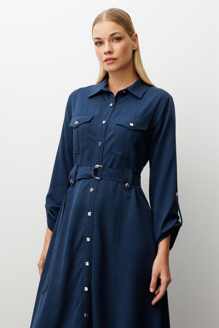 Modailgi  Spor Dikiş Detaylı Belde Kuşaklı Apoletli Midi Boy Gömlek Elbise İndigo