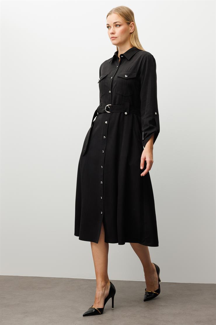 Modailgi  Spor Dikiş Detaylı Belde Kuşaklı Apoletli Midi Boy Gömlek Elbise Siyah