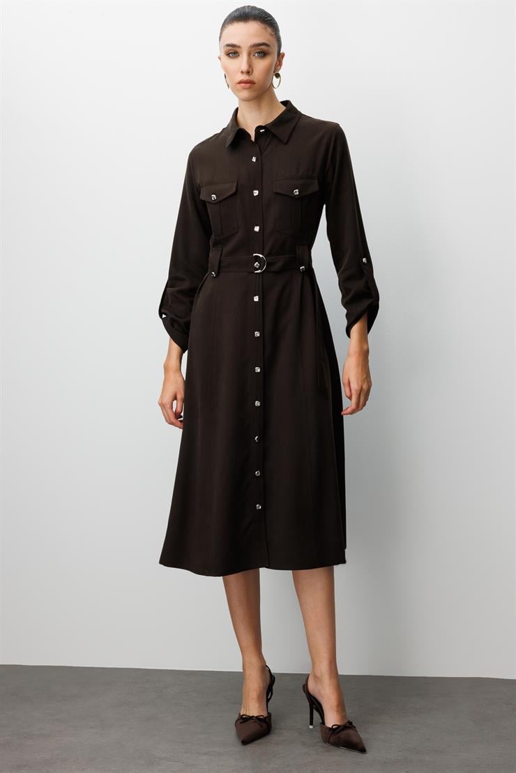 Modailgi  Spor Dikiş Detaylı Belde Kuşaklı Apoletli Midi Boy Gömlek Elbise Kahve