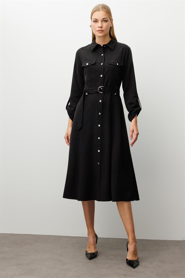 Modailgi  Spor Dikiş Detaylı Belde Kuşaklı Apoletli Midi Boy Gömlek Elbise Siyah