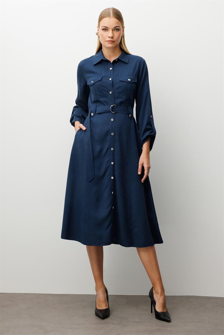 Modailgi  Spor Dikiş Detaylı Belde Kuşaklı Apoletli Midi Boy Gömlek Elbise İndigo