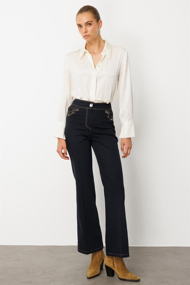 Modailgi  Spor Dikiş Detaylı İspanyol Paça Denim Pantolon - 77010 Lacivert