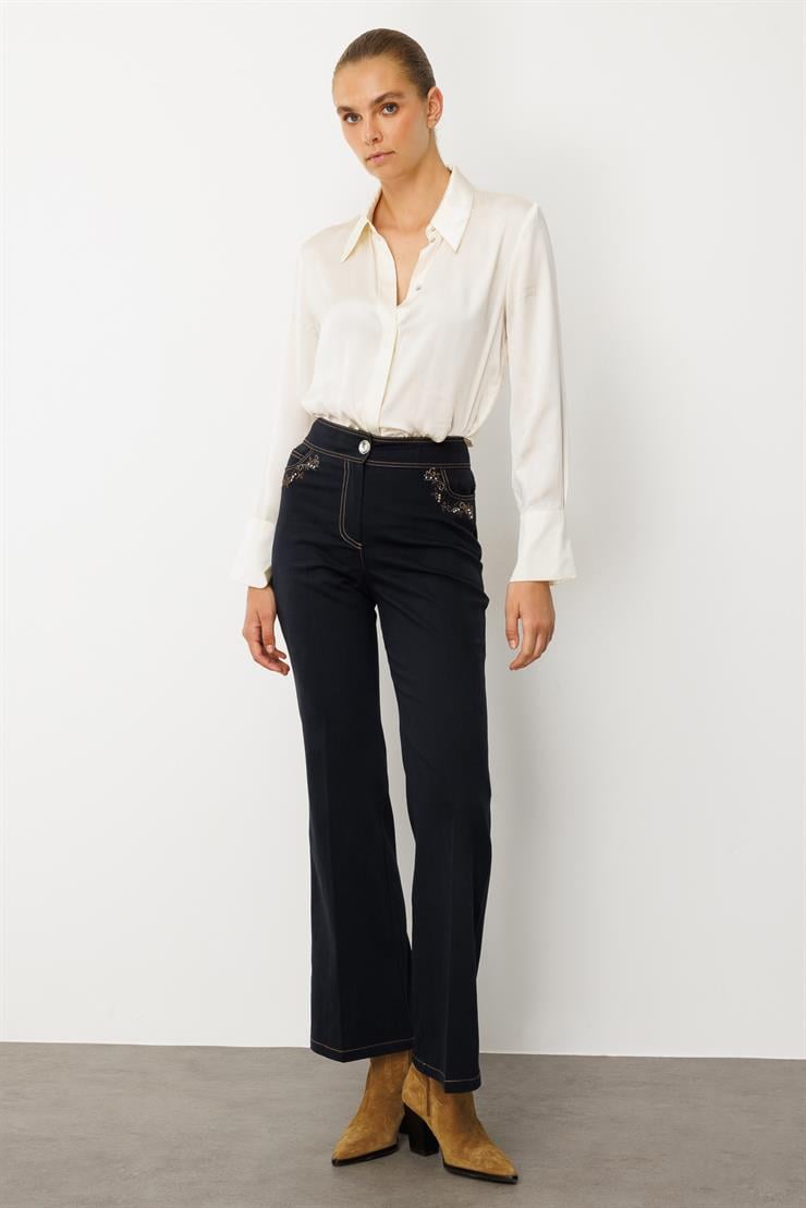 Modailgi  Spor Dikiş Detaylı İspanyol Paça Denim Pantolon - 77010 Lacivert