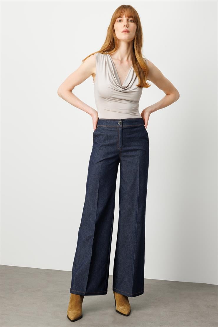 Modailgi  Spor Dikiş Detaylı İspanyol Paça Yüksek Bel Tencel Kot Pantolon Lacivert