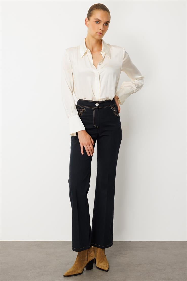 Modailgi  Spor Dikiş Detaylı İspanyol Paça Denim Pantolon - 77010 Lacivert