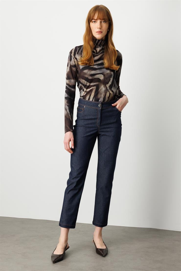 Modailgi  Spor Dikiş Detaylı Yüksek Bel Sigara Paça Tencel Kot Pantolon Lacivert