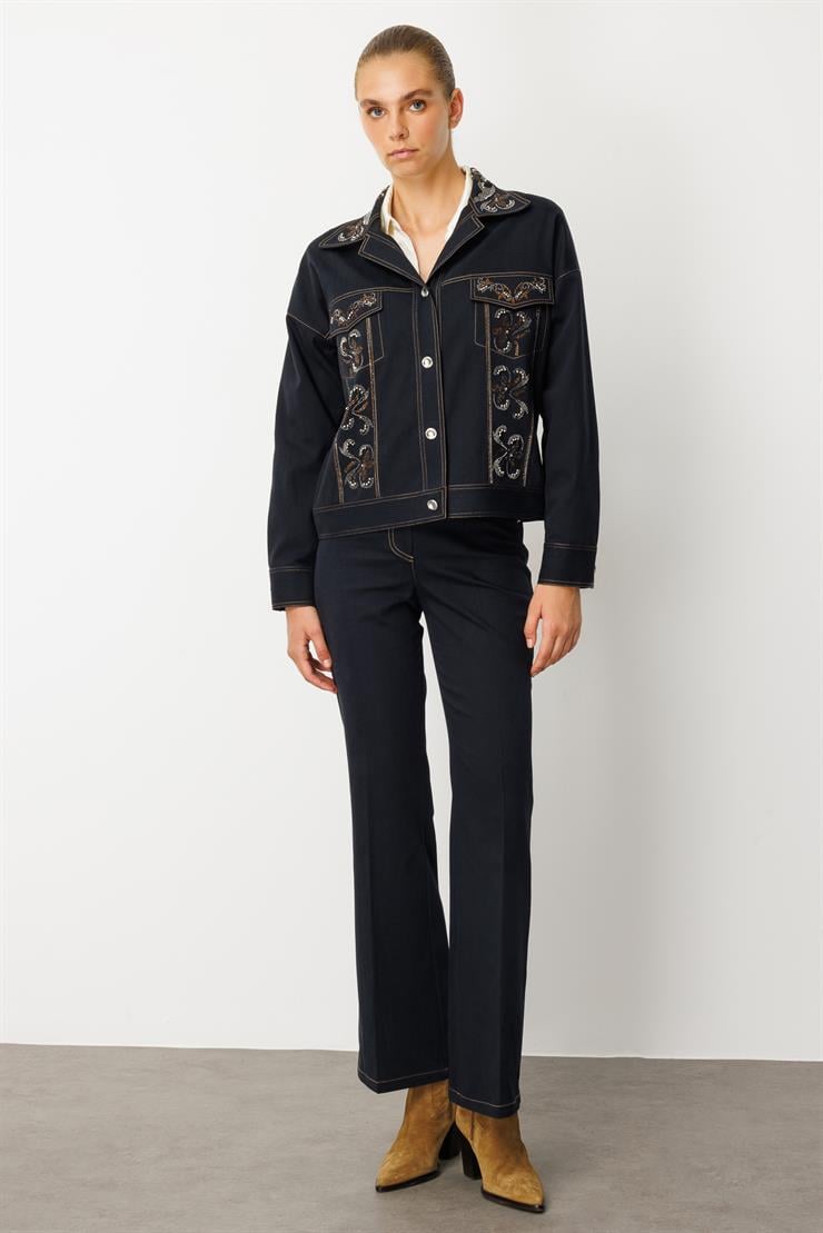 Modailgi  Spor Dikişli Taş Aksesuar Detaylı Oversize Denim Ceket - 40019 Lacivert