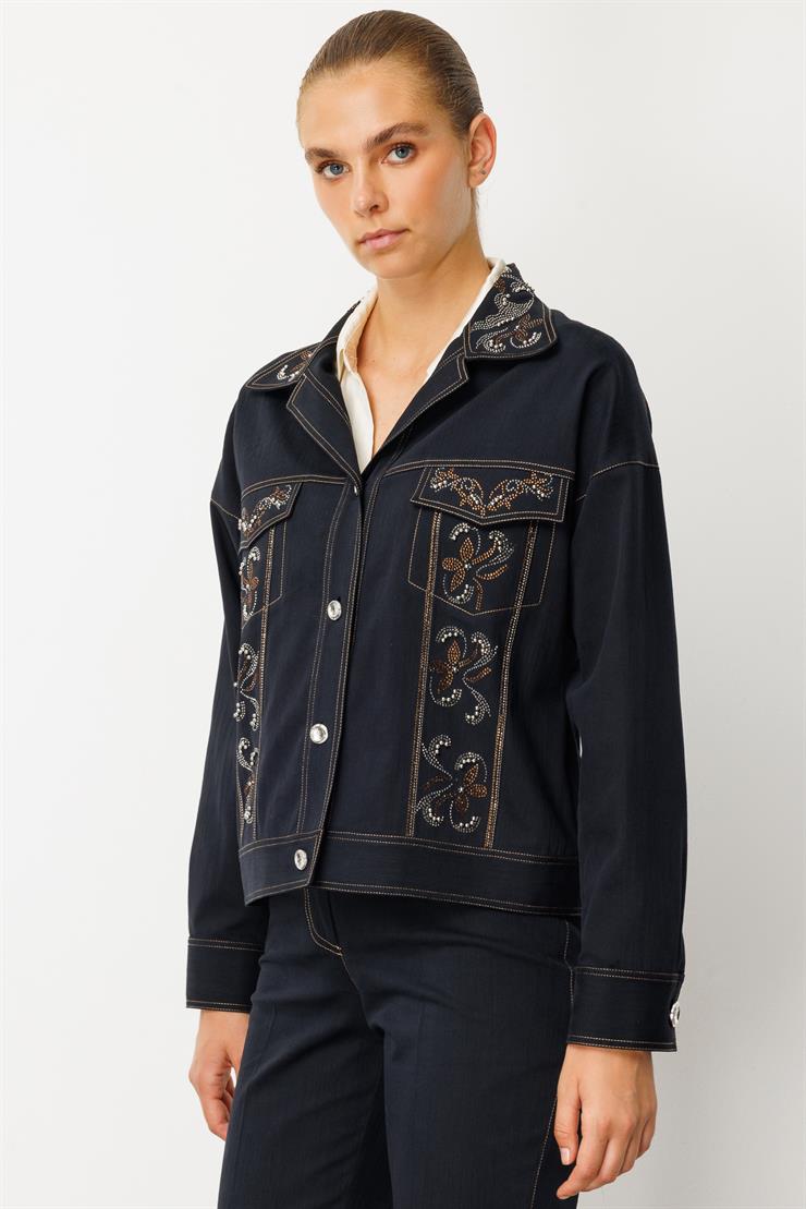 Modailgi  Spor Dikişli Taş Aksesuar Detaylı Oversize Denim Ceket - 40019 Lacivert