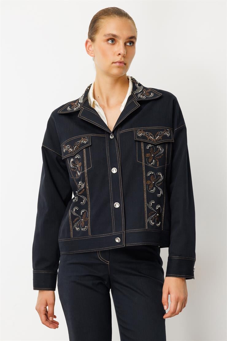 Modailgi  Spor Dikişli Taş Aksesuar Detaylı Oversize Denim Ceket - 40019 Lacivert