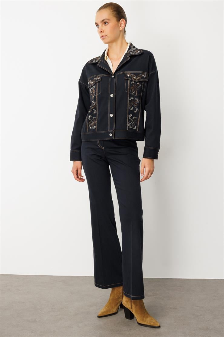 Modailgi  Spor Dikişli Taş Aksesuar Detaylı Oversize Denim Ceket - 40019 Lacivert