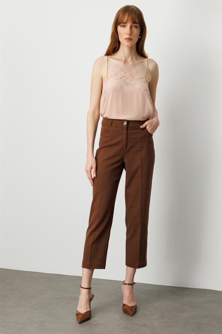 Modailgi  Spor Dikişli Trok Detaylı Beş Cep Dar Pantolon - 75014 Kahve