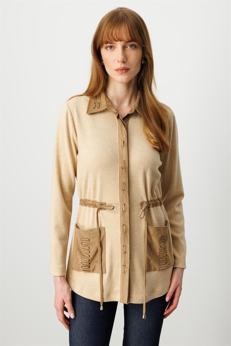 Modailgi  Süet Kumaş Garni Detaylı Belden Tünel Bağcıklı Lazer Kesim Triko Gömlek Camel