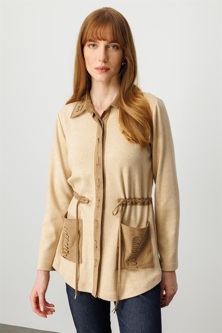 Modailgi  Süet Kumaş Garni Detaylı Belden Tünel Bağcıklı Lazer Kesim Triko Gömlek Camel