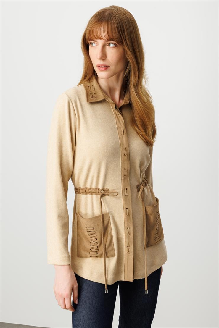 Modailgi  Süet Kumaş Garni Detaylı Belden Tünel Bağcıklı Lazer Kesim Triko Gömlek Camel