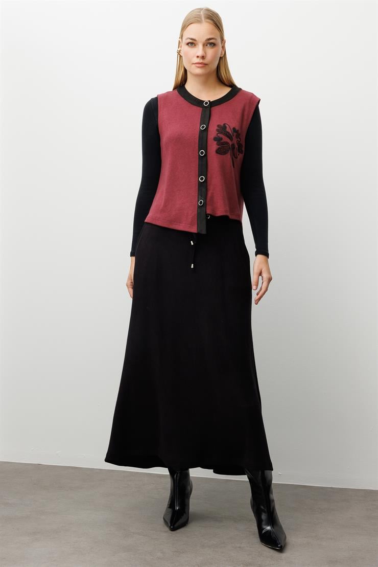 Modailgi  Süet Kumaş Garni Detaylı Nakış Ve İşlemeli Asimetrik Triko Yelek Bordo