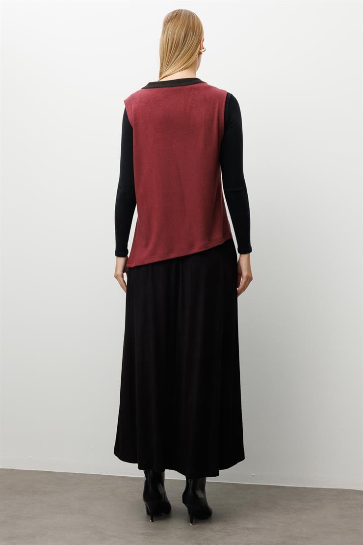 Modailgi  Süet Kumaş Garni Detaylı Nakış Ve İşlemeli Asimetrik Triko Yelek Bordo