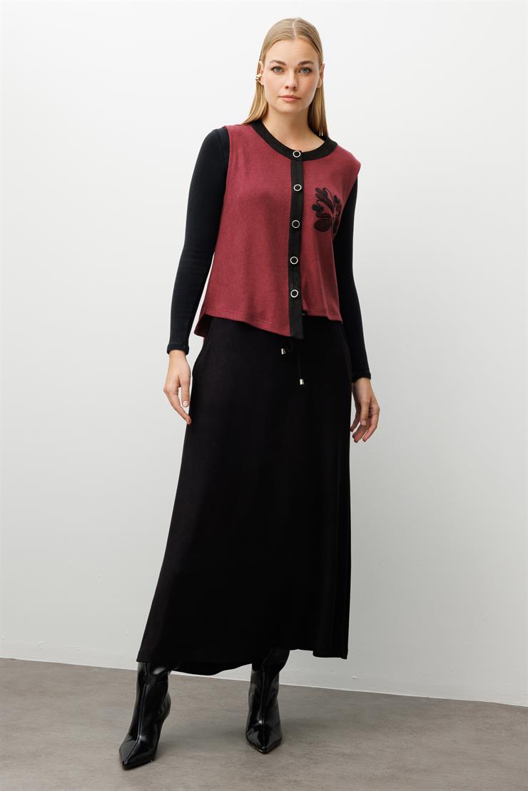 Modailgi  Süet Kumaş Garni Detaylı Nakış Ve İşlemeli Asimetrik Triko Yelek Bordo