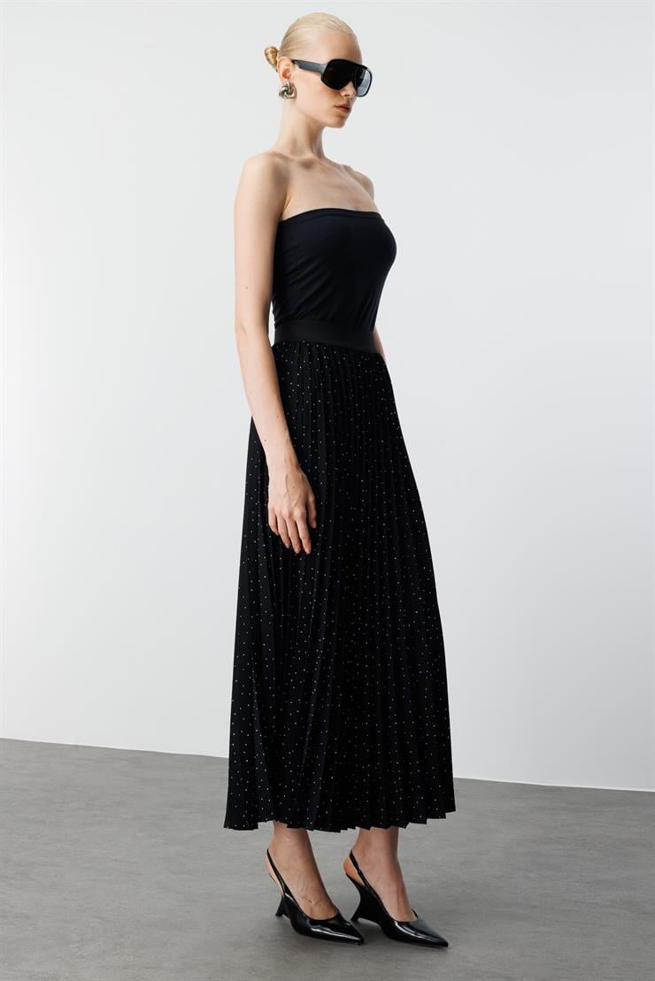 Modailgi  Swaroski Taşlı Plisoley Etek - 70061 Siyah