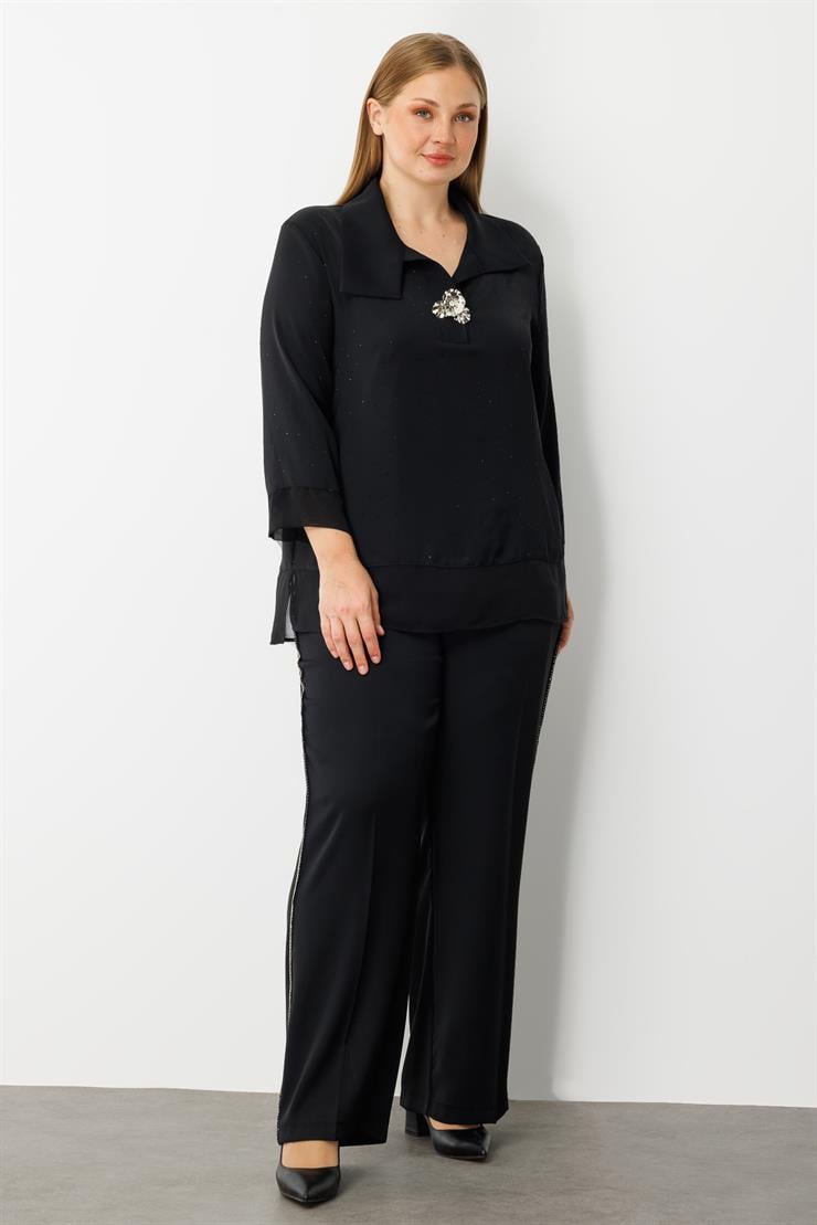 Modailgi  Takma Kol Geniş Yaka Broş Detaylı Bluz - 30053 Siyah