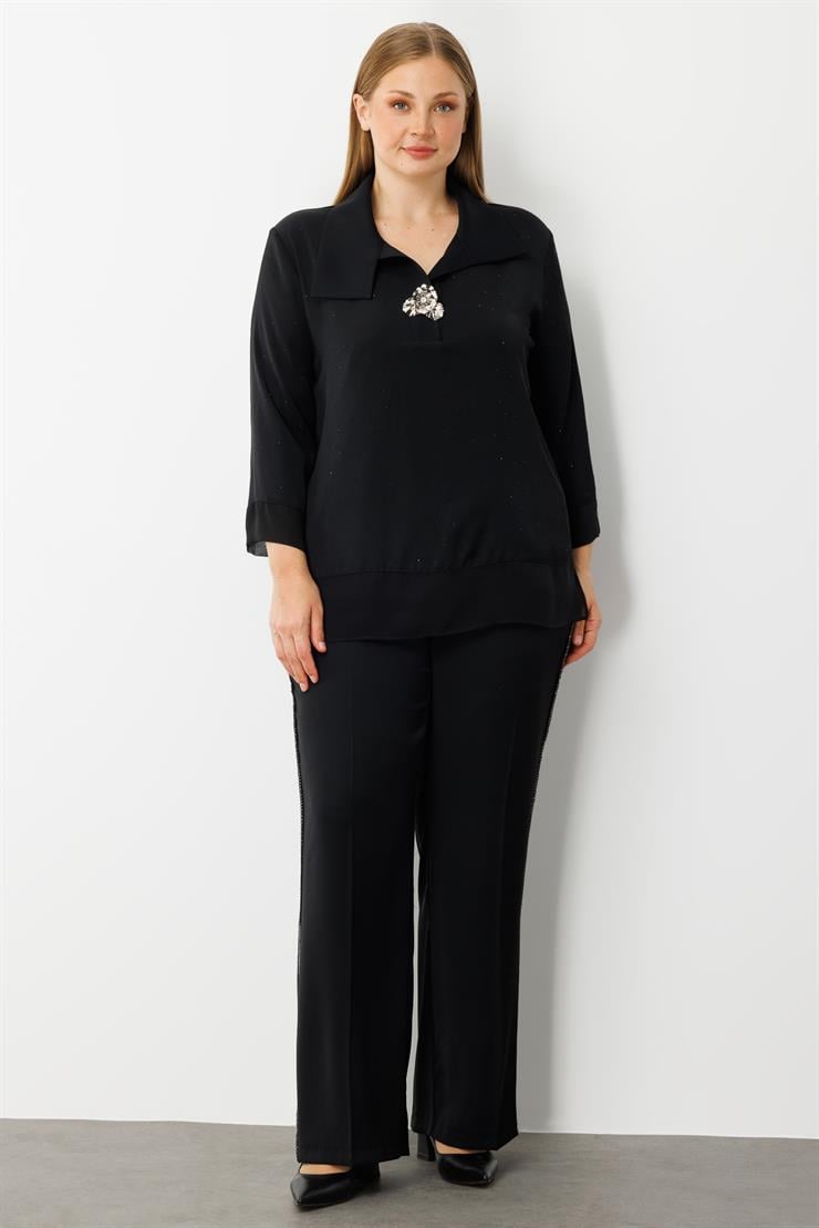 Modailgi  Takma Kol Geniş Yaka Broş Detaylı Bluz - 30053 Siyah