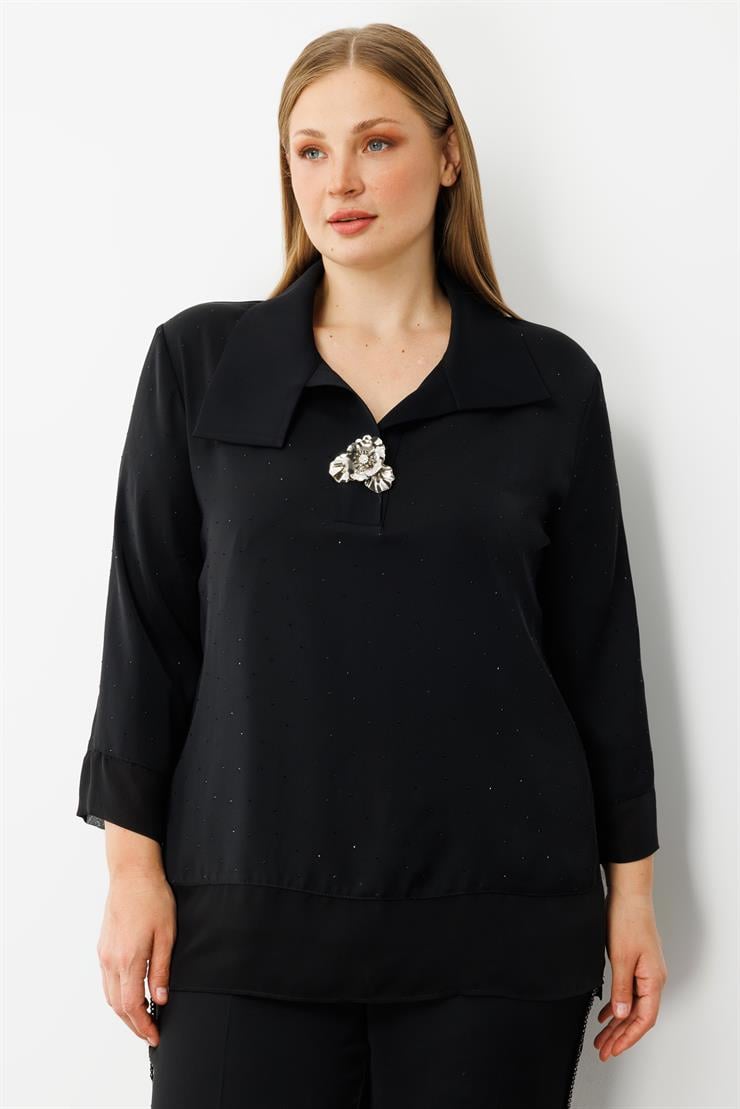 Modailgi  Takma Kol Geniş Yaka Broş Detaylı Bluz - 30053 Siyah