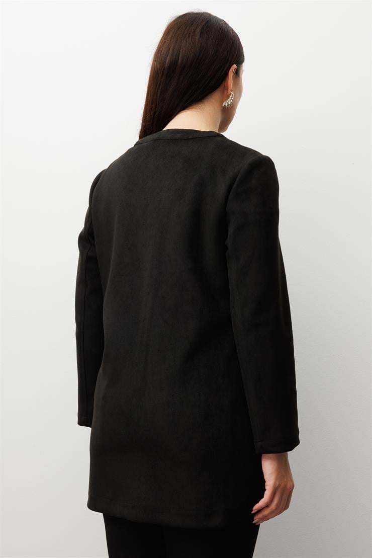 Modailgi  Takma Kol Lazer Kesim Detaylı Sıfır Yaka Ceket Siyah