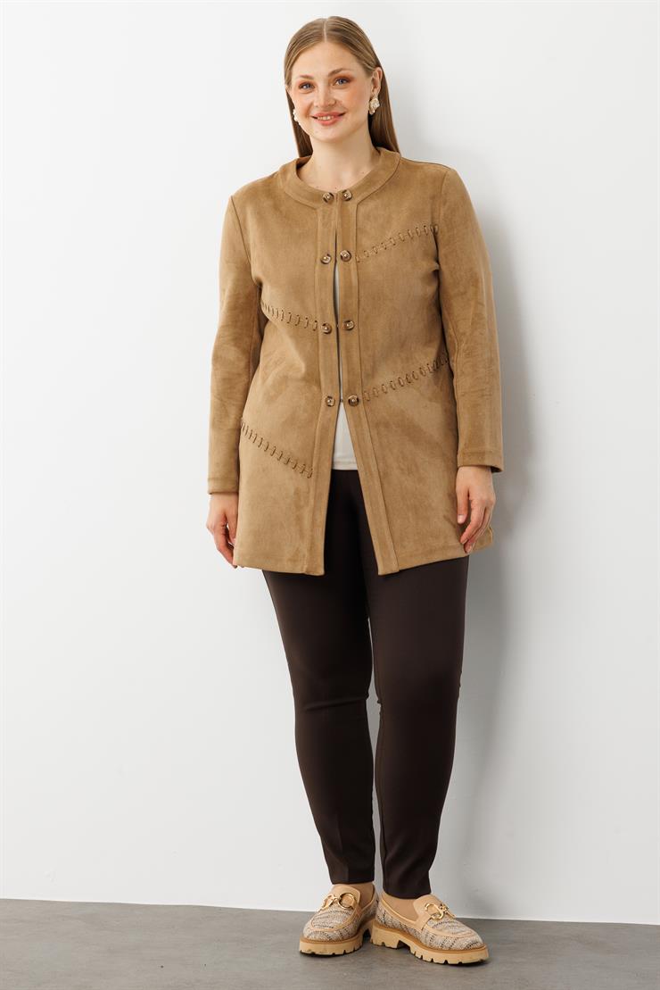 Modailgi  Takma Kol Lazer Kesim Detaylı Sıfır Yaka Ceket Vizon