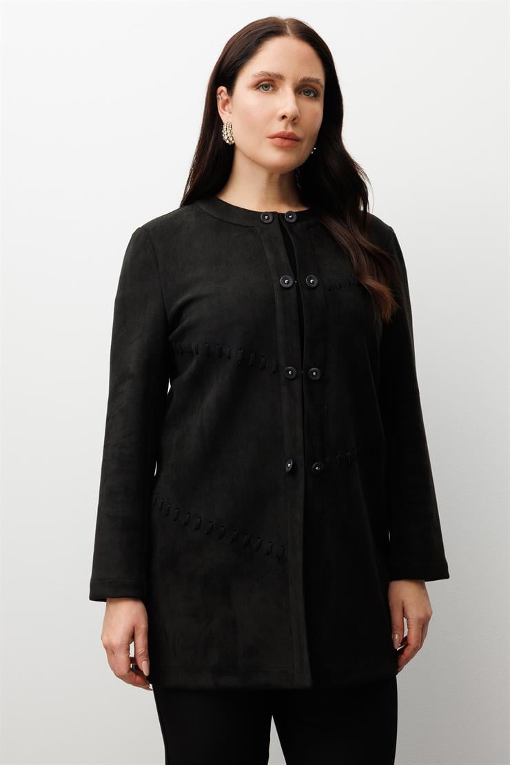 Modailgi  Takma Kol Lazer Kesim Detaylı Sıfır Yaka Ceket Siyah