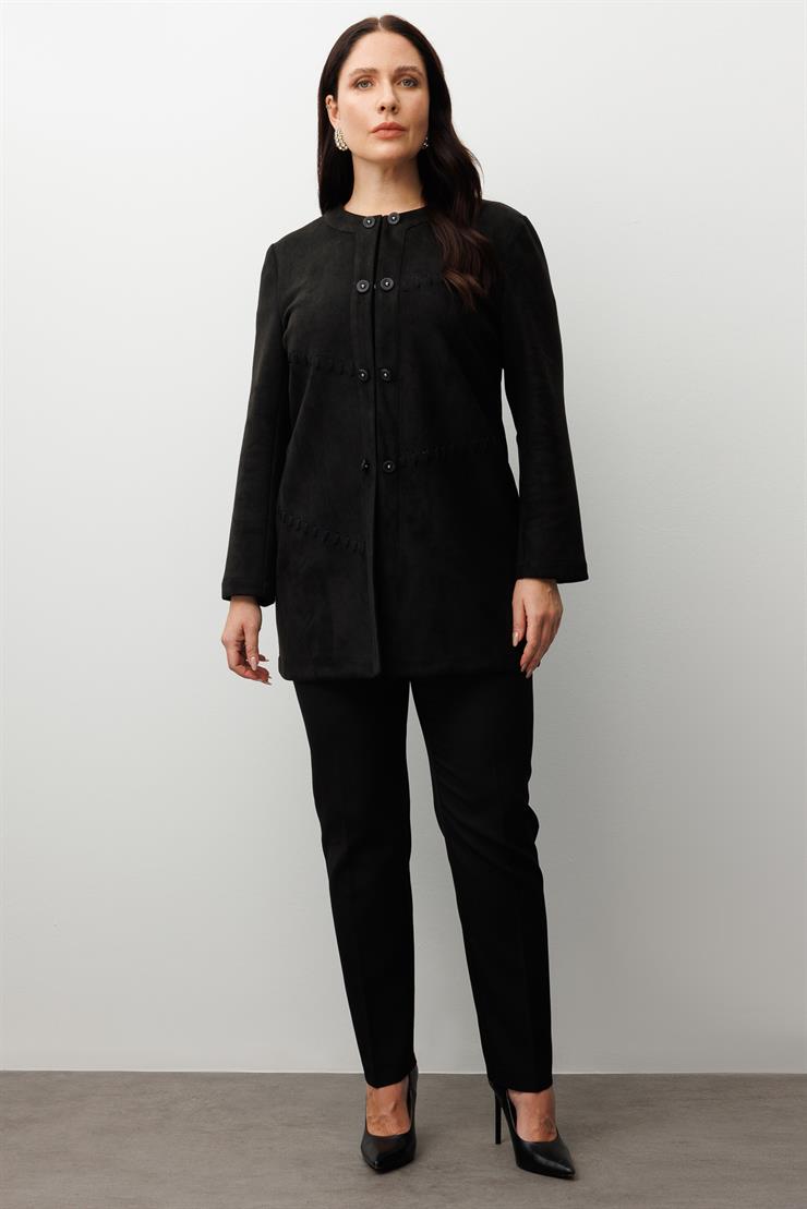 Modailgi  Takma Kol Lazer Kesim Detaylı Sıfır Yaka Ceket Siyah