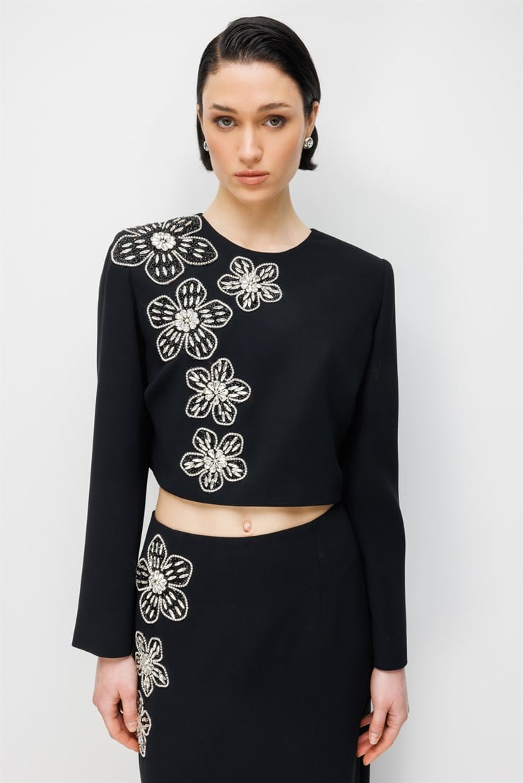 Modailgi  Taş Çiçek Yapıştırma Crop Ceket - 35035 Siyah