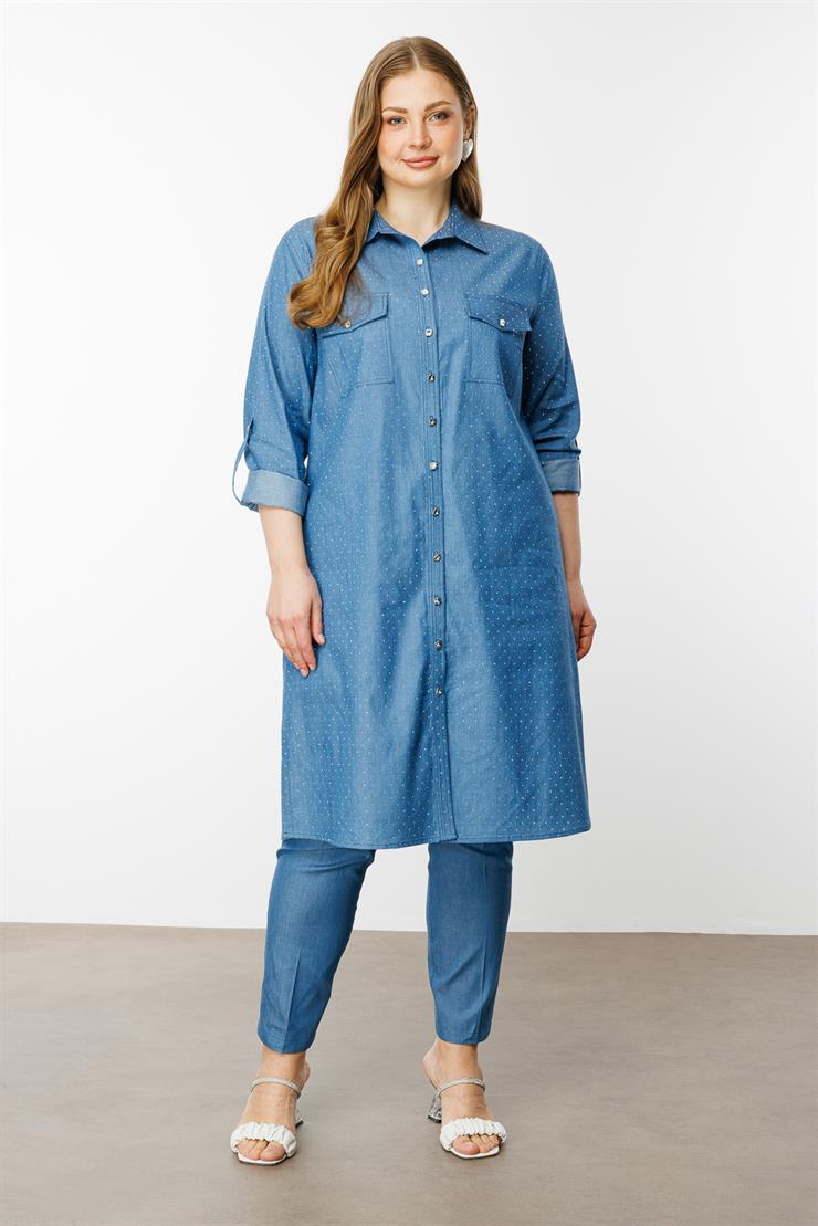 Modailgi  Taş Detaylı Cepli Tunik İndigo