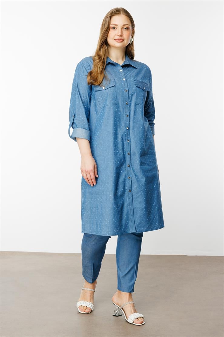 Modailgi  Taş Detaylı Cepli Tunik İndigo