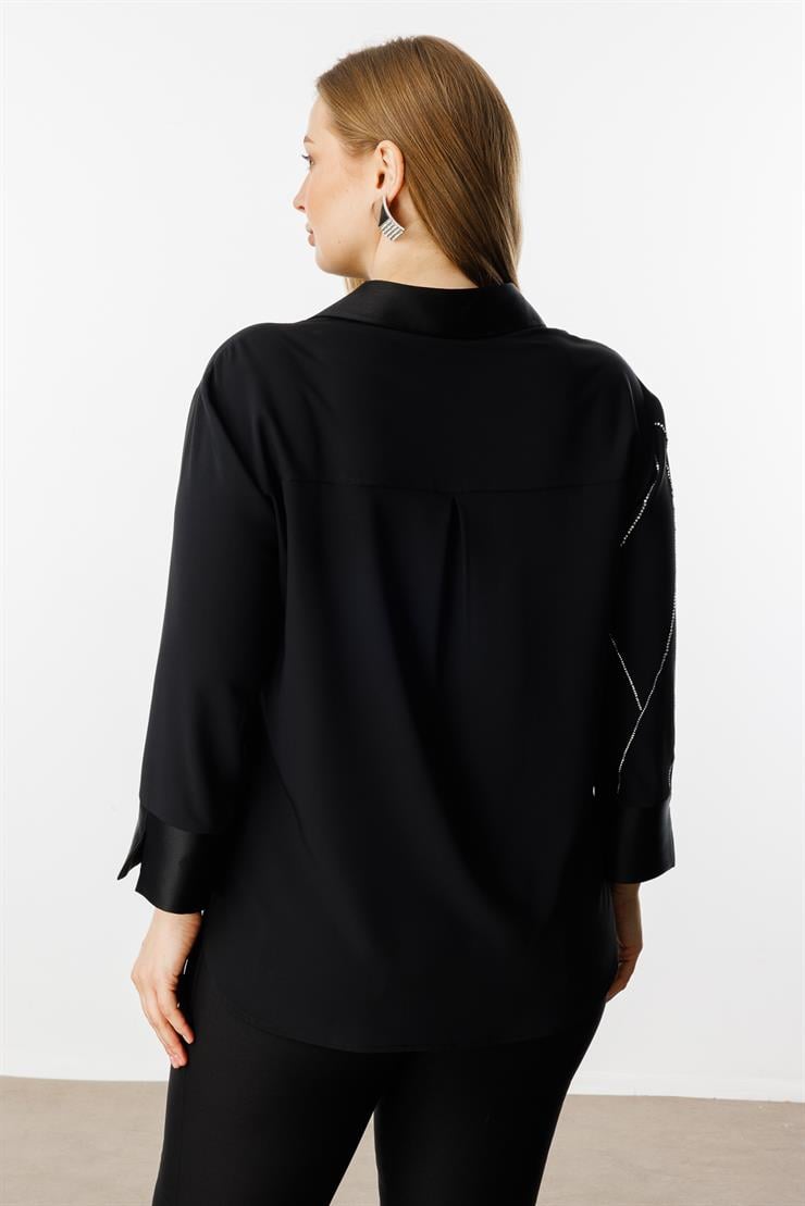 Modailgi  Taş Detaylı Etek Ucu Büzgülü Gömlek Siyah