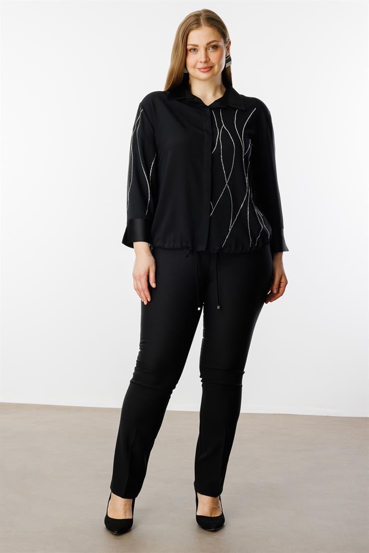 Modailgi  Taş Detaylı Etek Ucu Büzgülü Gömlek Siyah