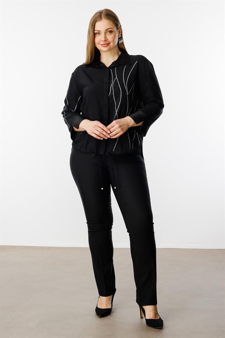 Modailgi  Taş Detaylı Etek Ucu Büzgülü Gömlek Siyah