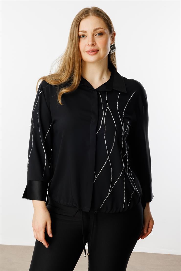 Modailgi  Taş Detaylı Etek Ucu Büzgülü Gömlek Siyah