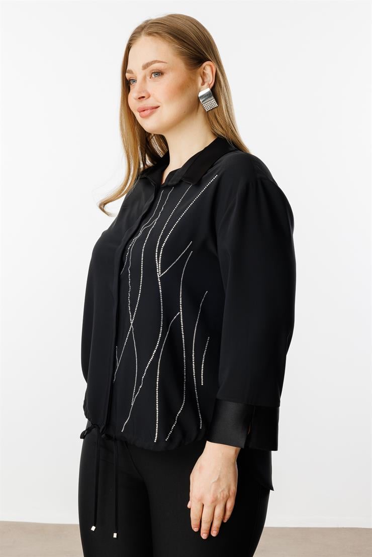 Modailgi  Taş Detaylı Etek Ucu Büzgülü Gömlek Siyah
