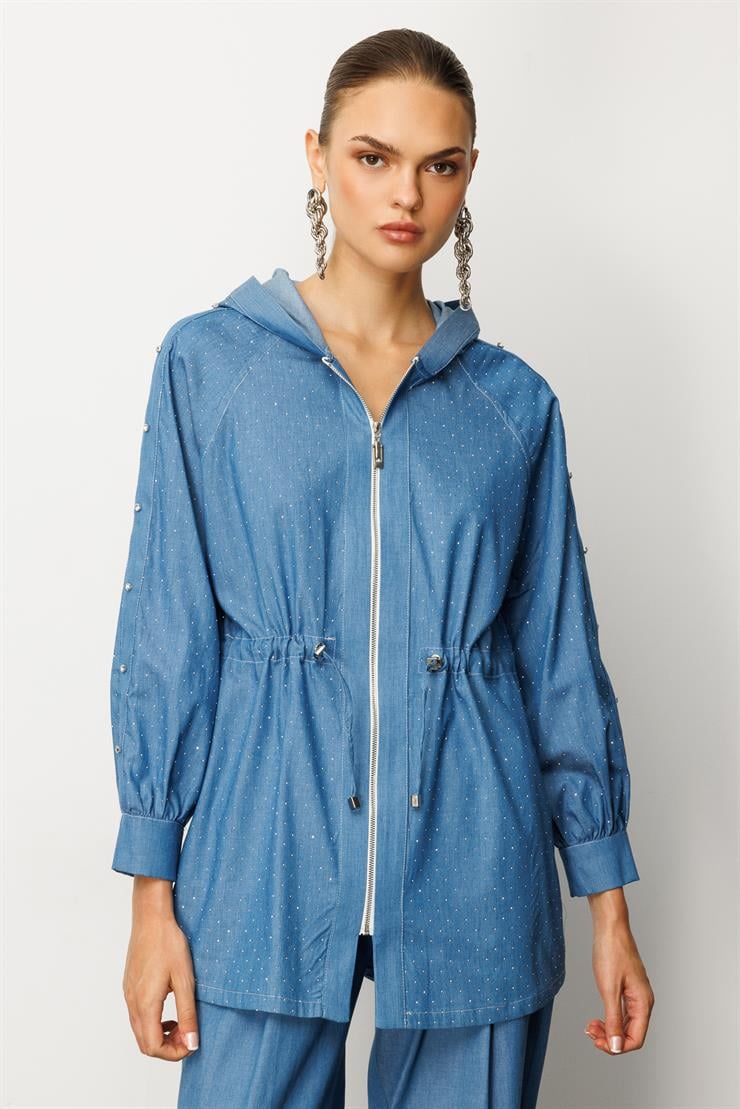 Modailgi  Taş Detaylı Fermuar Kapamalı Kapüşonlu Tunik İndigo