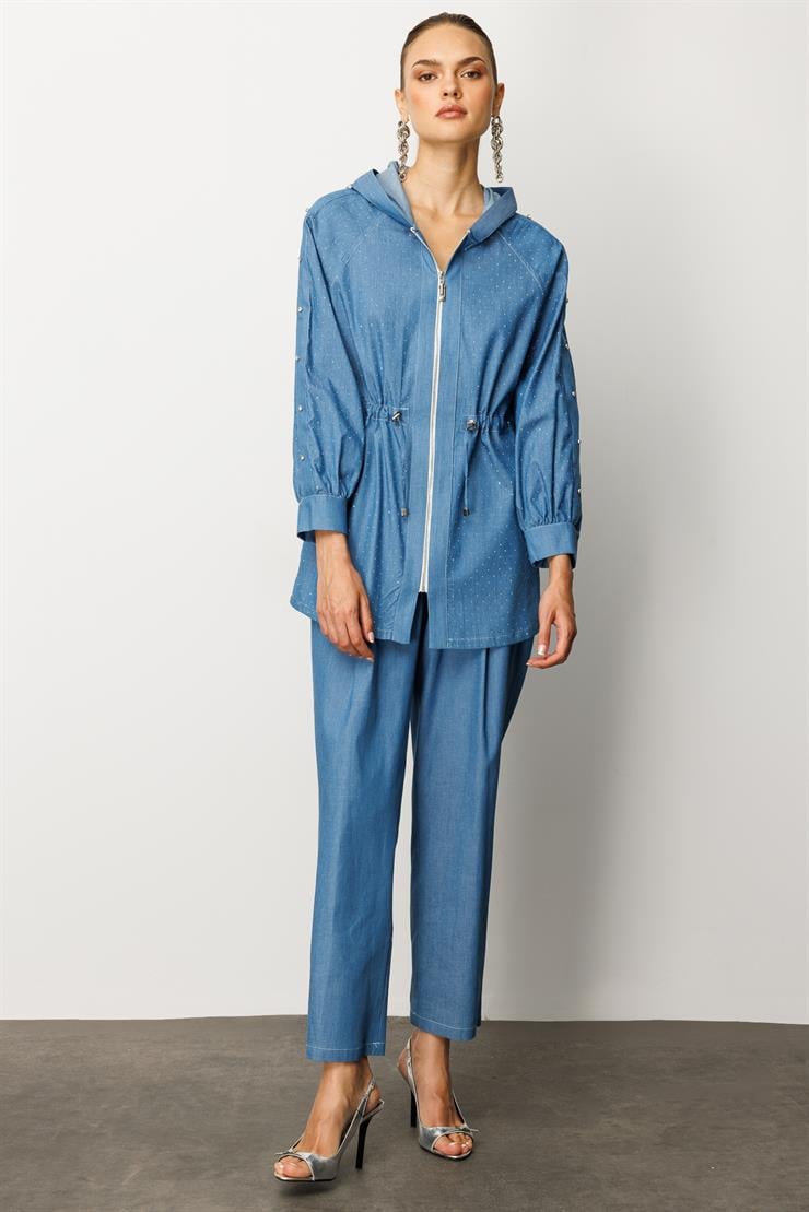 Modailgi  Taş Detaylı Fermuar Kapamalı Kapüşonlu Tunik İndigo