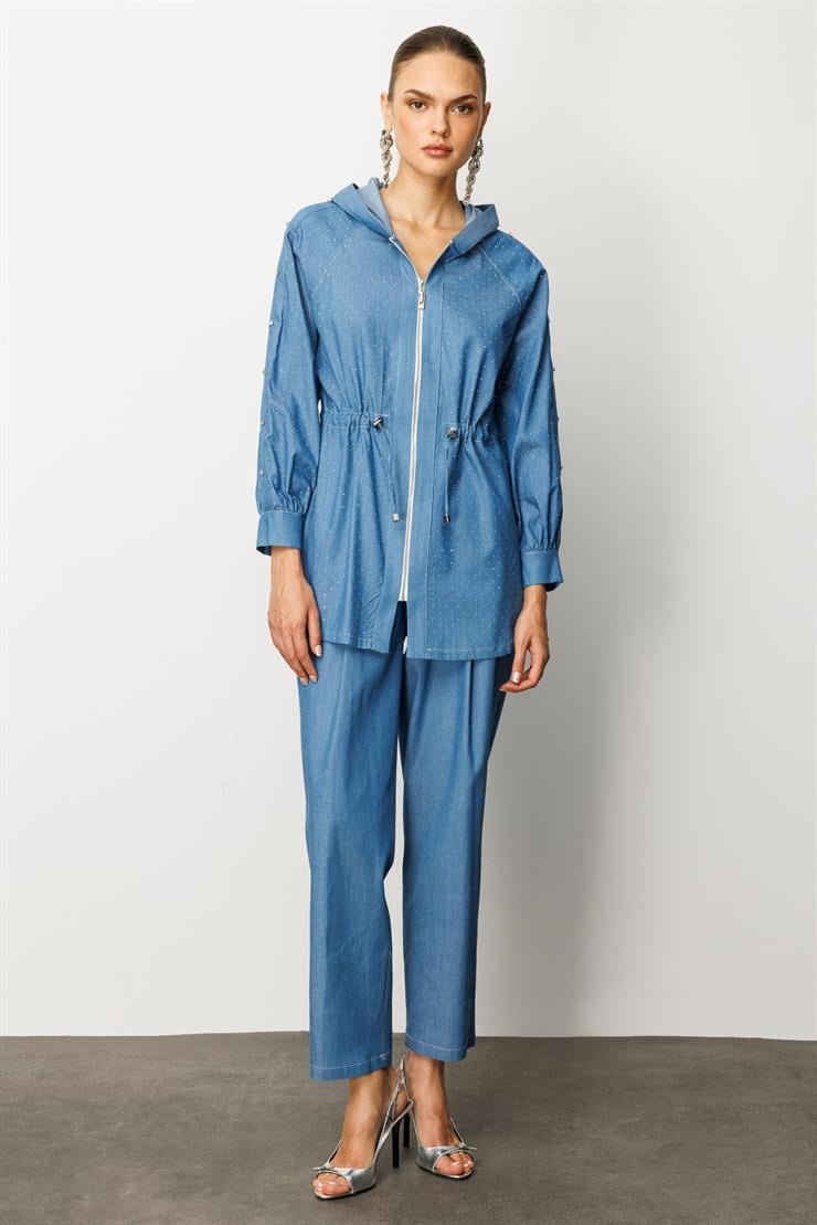 Modailgi  Taş Detaylı Fermuar Kapamalı Kapüşonlu Tunik İndigo