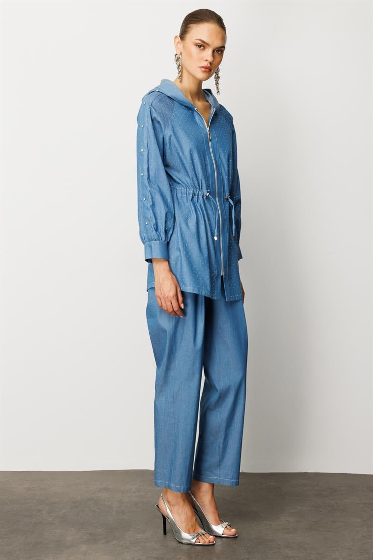 Modailgi  Taş Detaylı Fermuar Kapamalı Kapüşonlu Tunik İndigo