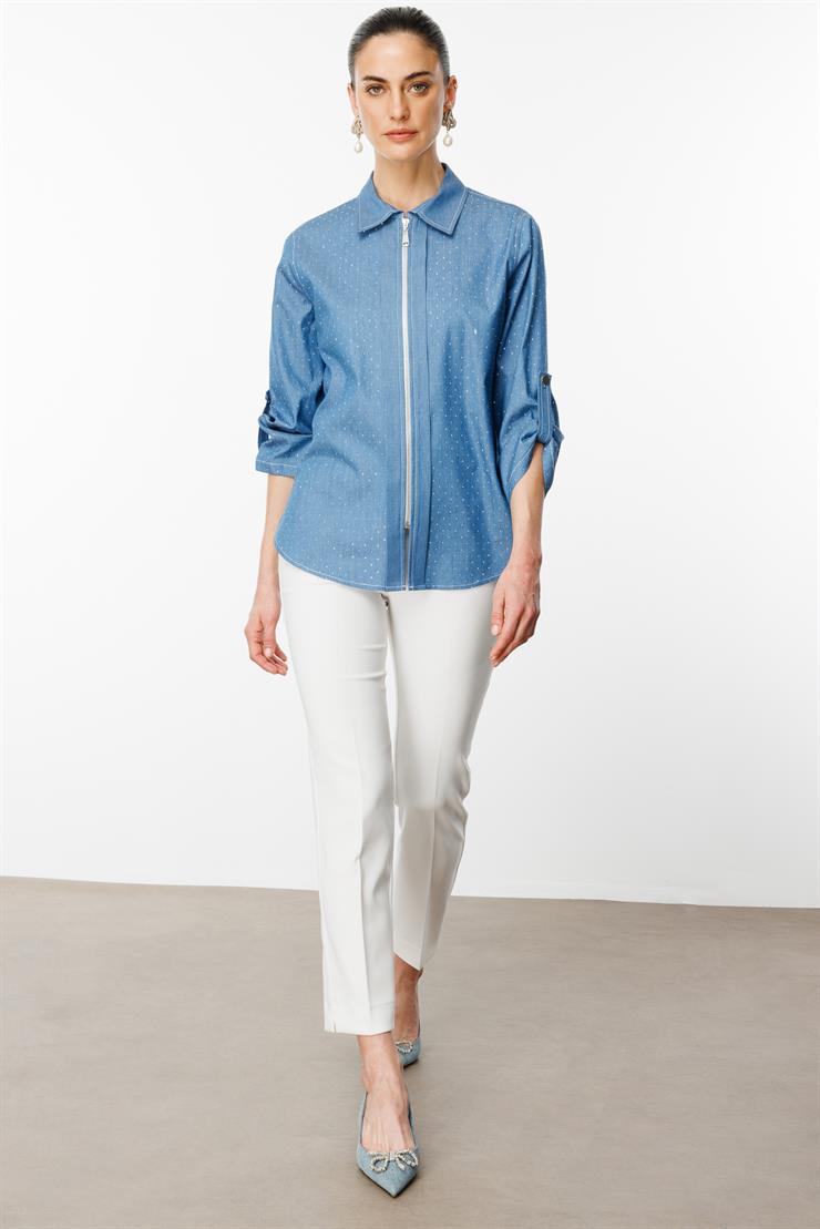 Modailgi  Taş Detaylı Fermuar Kapamalı Gömlek Mavi
